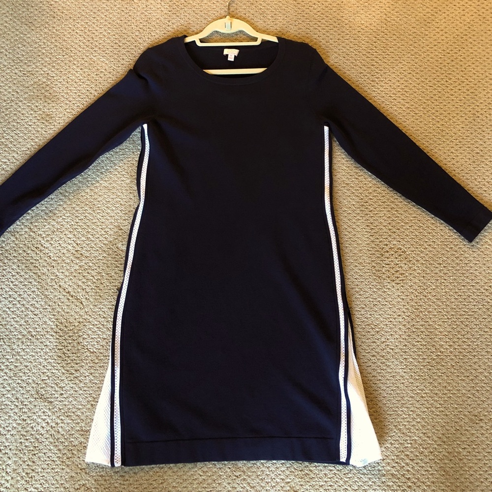 Etcetera brand navy blue sweater dress with cute side zippered vents